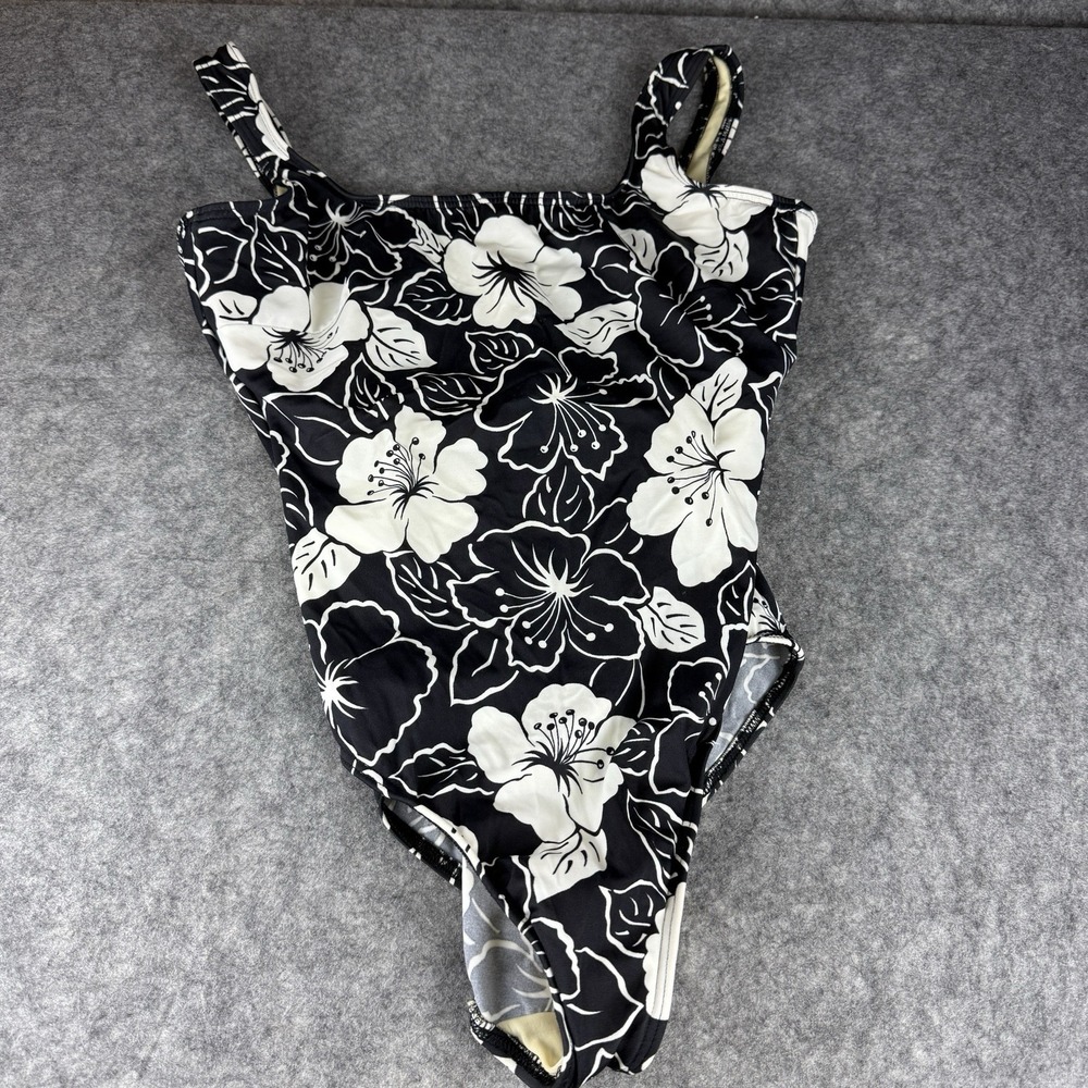 LANDS END Black White‎ Floral Hibiscus Hawaiian Swim Size 16 Underwire Womens